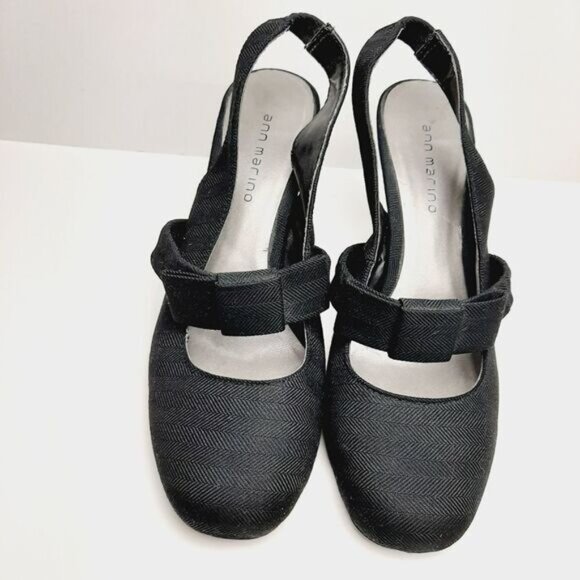 ANN MARINO Slingback Heels Bow Tonal Herringbone Fabric Black Sz 8 M Flawed - Picture 6 of 15